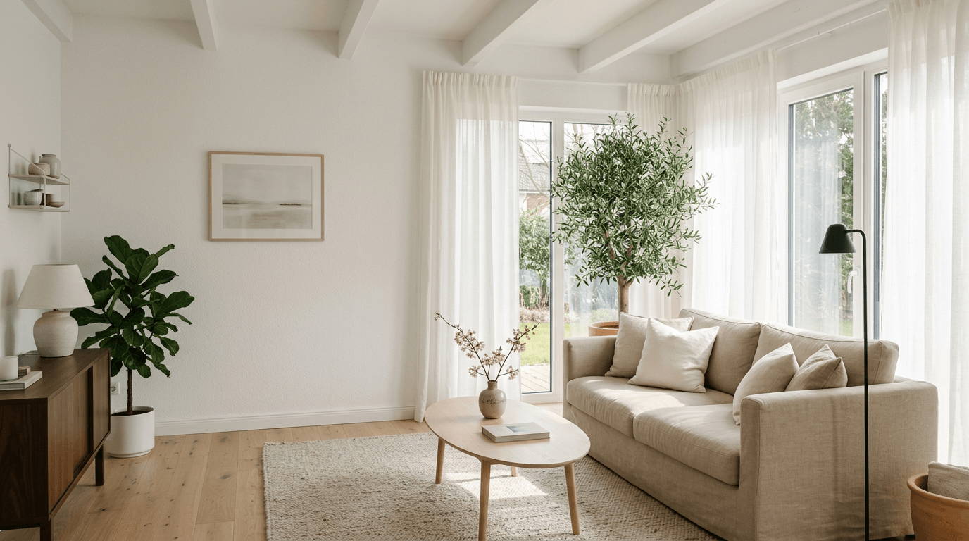 Ein helles, gepflegtes Wohnzimmer mit gemütlichem Sofa und natürlichen Materialien